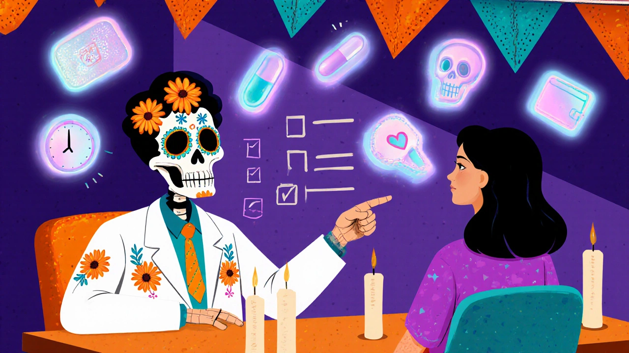 A calavera neurologist discusses medication options with a patient, surrounded by floating drug icons.