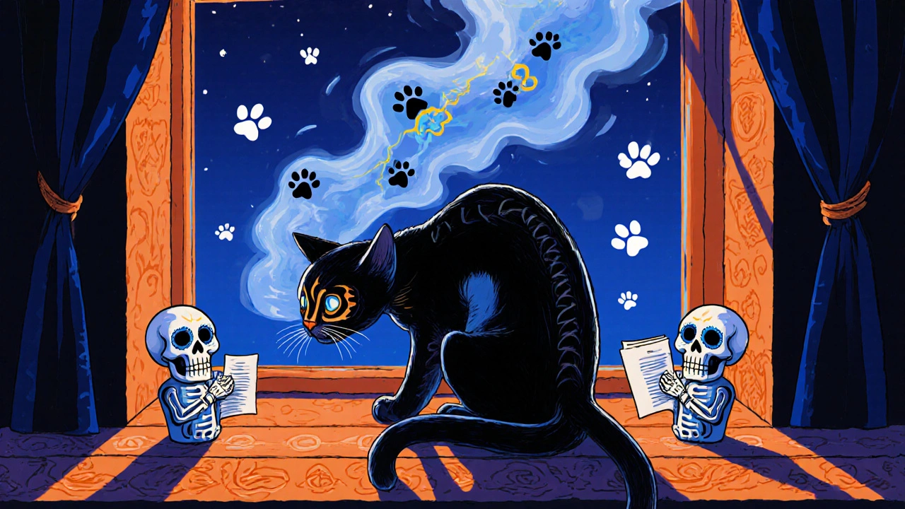 A cat stretching on a windowsill as NMDA receptor symbols dissolve around it, surrounded by floating paw prints and sugar skulls.