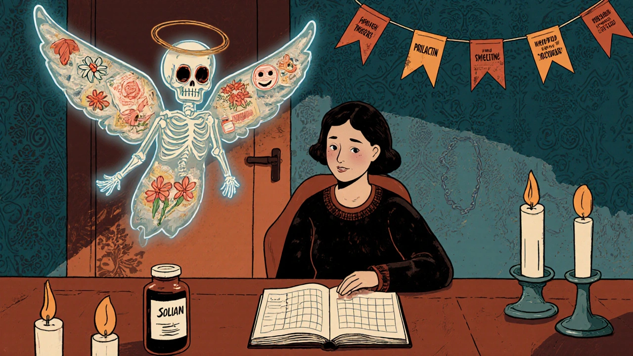 A patient journaling beside a Solian pill bottle, with a skeletal angel offering two paths of treatment outcomes.