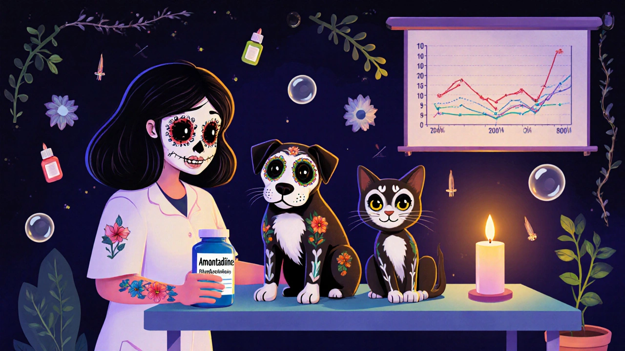 A veterinarian handing amantadine to a dog and cat, both adorned with glowing calavera tattoos, surrounded by holistic therapy symbols.