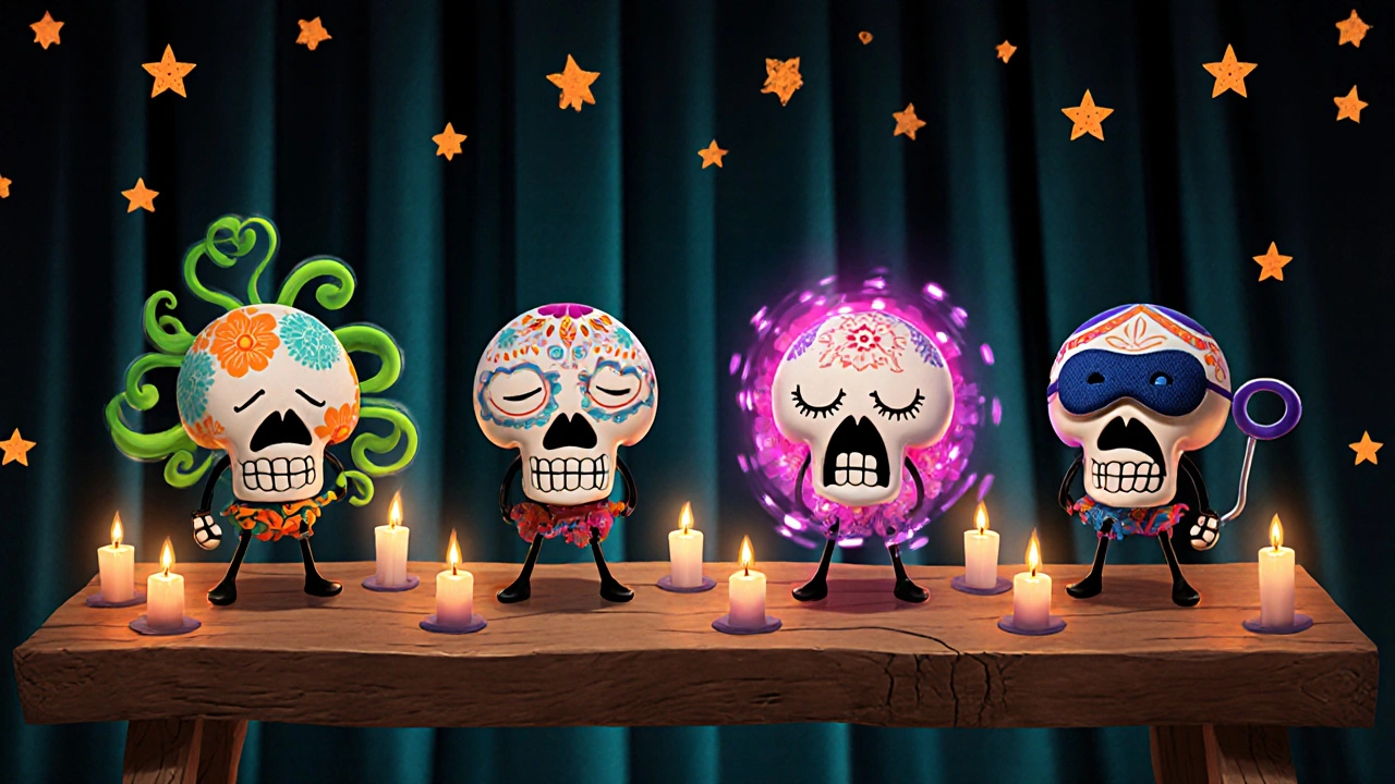 Animated skull characters personify common side effects of Parkinson’s medications in a colorful tableau.