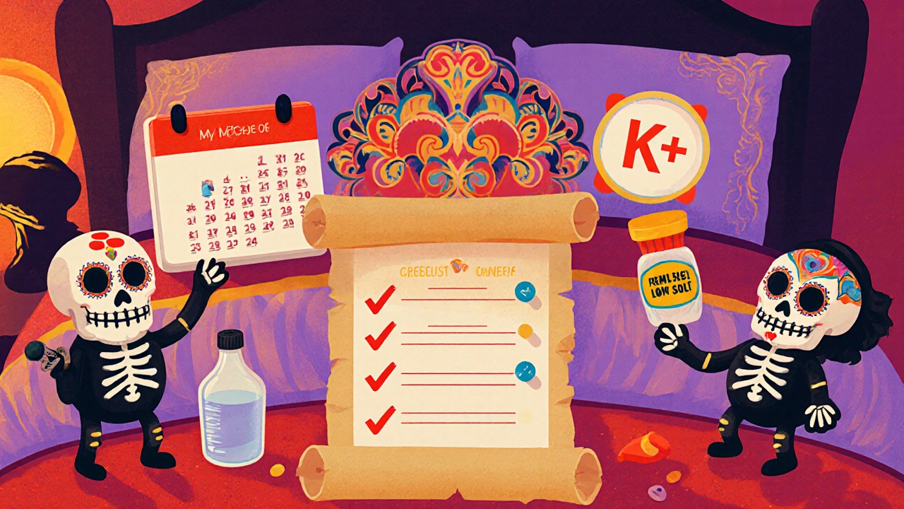 Bedside table with a medication checklist, pill organizer, and lab vial surrounded by Day of the Dead motifs.