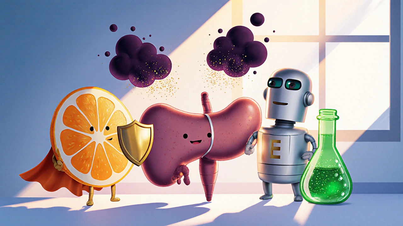 Cartoon antioxidant characters protecting a pancreas from dark ROS clouds.