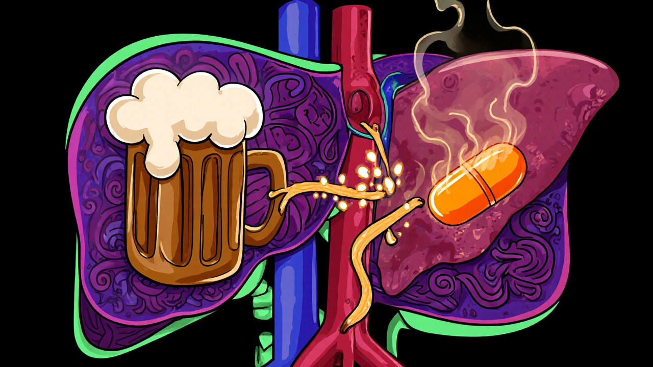 Cartoon liver skull with beer and pill streams creating uric acid crystals.