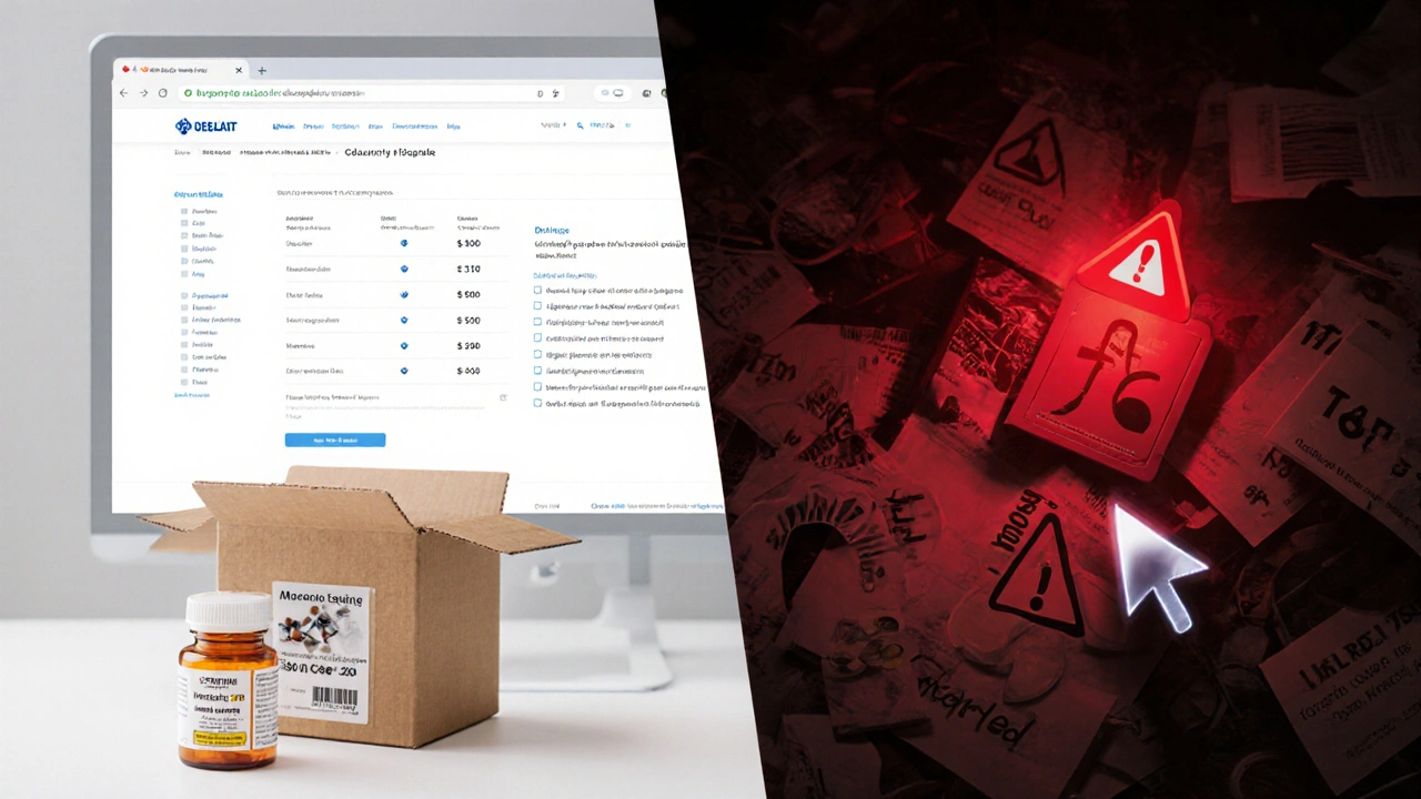 Contrast of safe pharmacy site and shady scam site with warning icons.