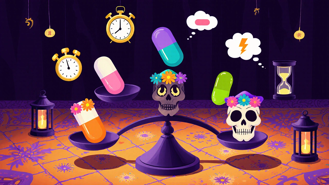 Day of the Dead characters comparing ED drugs on a balancing scale.
