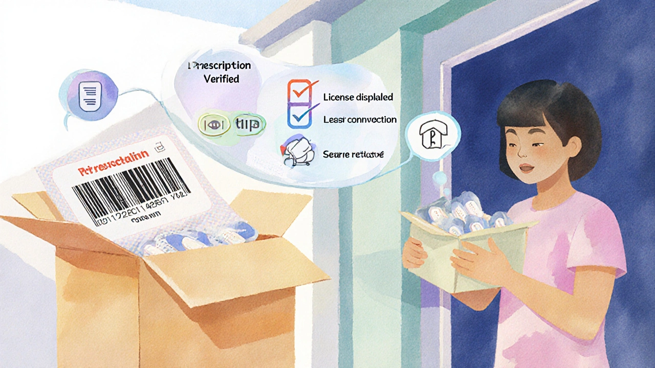 Delivery box with duloxetine pills being opened, surrounded by checklist icons.