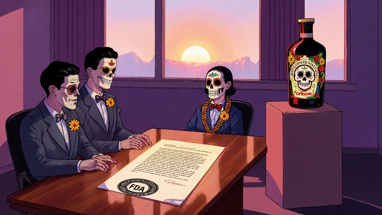 Doctors review FDA approval document for Tofranil in a decorated conference room.