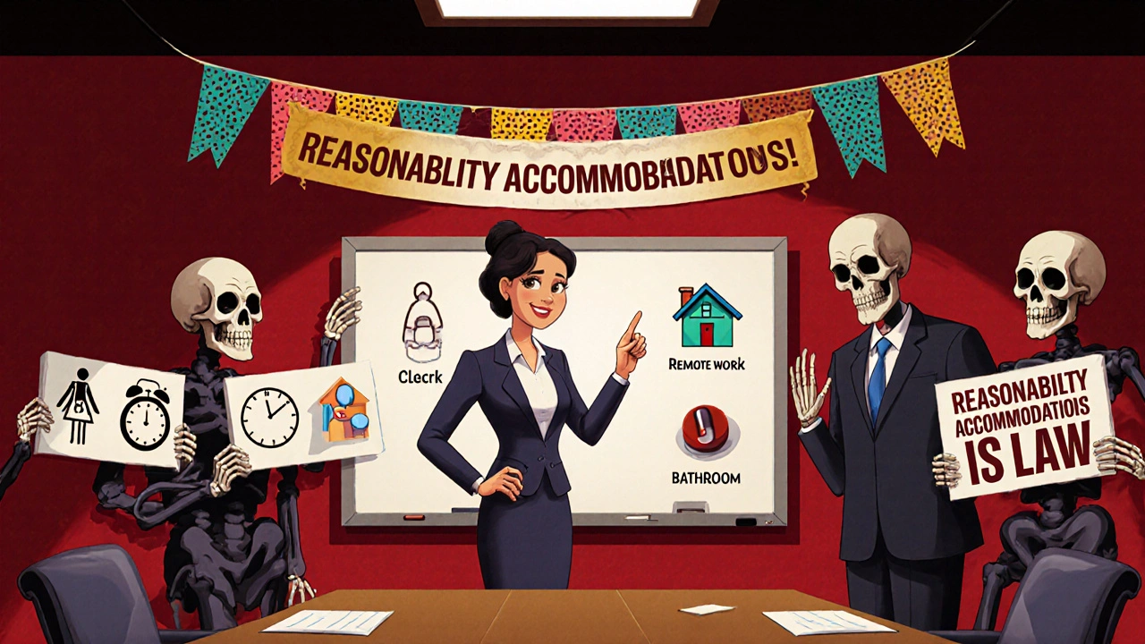 Employee presenting workplace accommodations on whiteboard, supportive skeletal figures behind, skeptical manager in suit looking surprised.