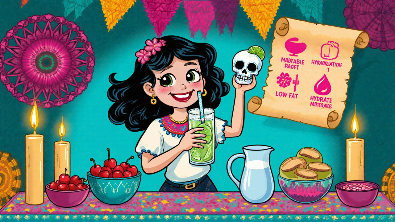 Festive mocktail party with healthy drinks and Day of the Dead decorations.