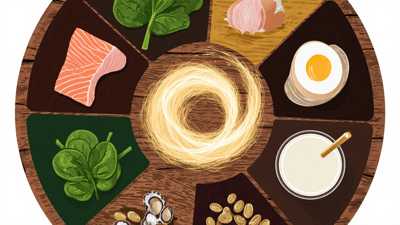 Flat illustration of nutrient‑rich foods arranged around a glowing hair strand.