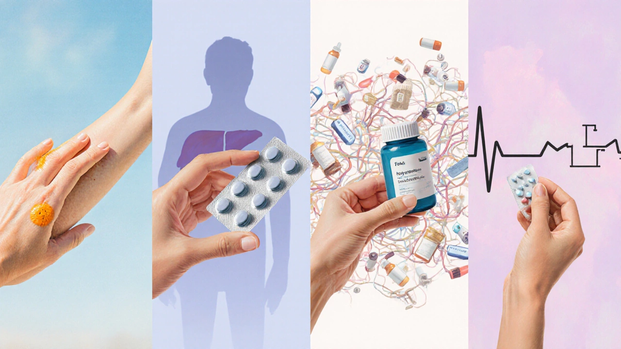 Four hands holding different antifungal meds with visual cues for side effects.