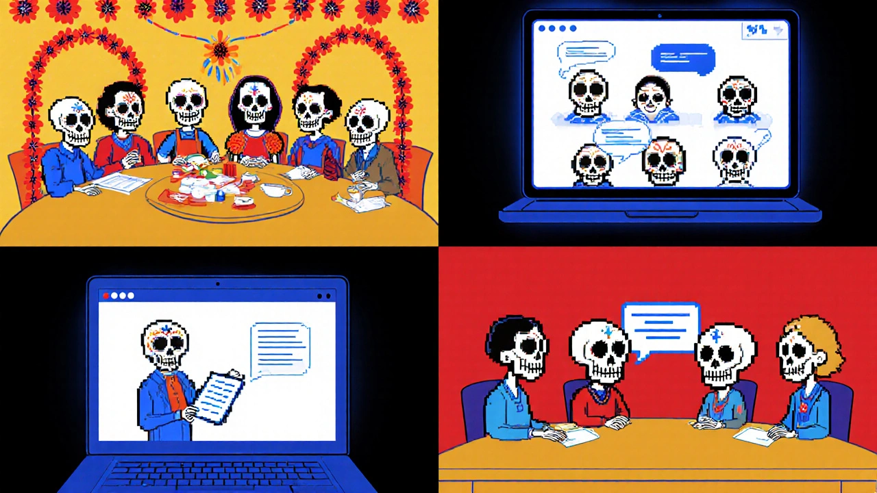Four panels showing in‑person, online, hybrid, and physician‑led diabetes groups.
