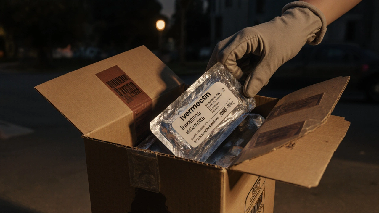 Hand opening a delivery box, revealing a sealed ivermectin blister pack with batch details.