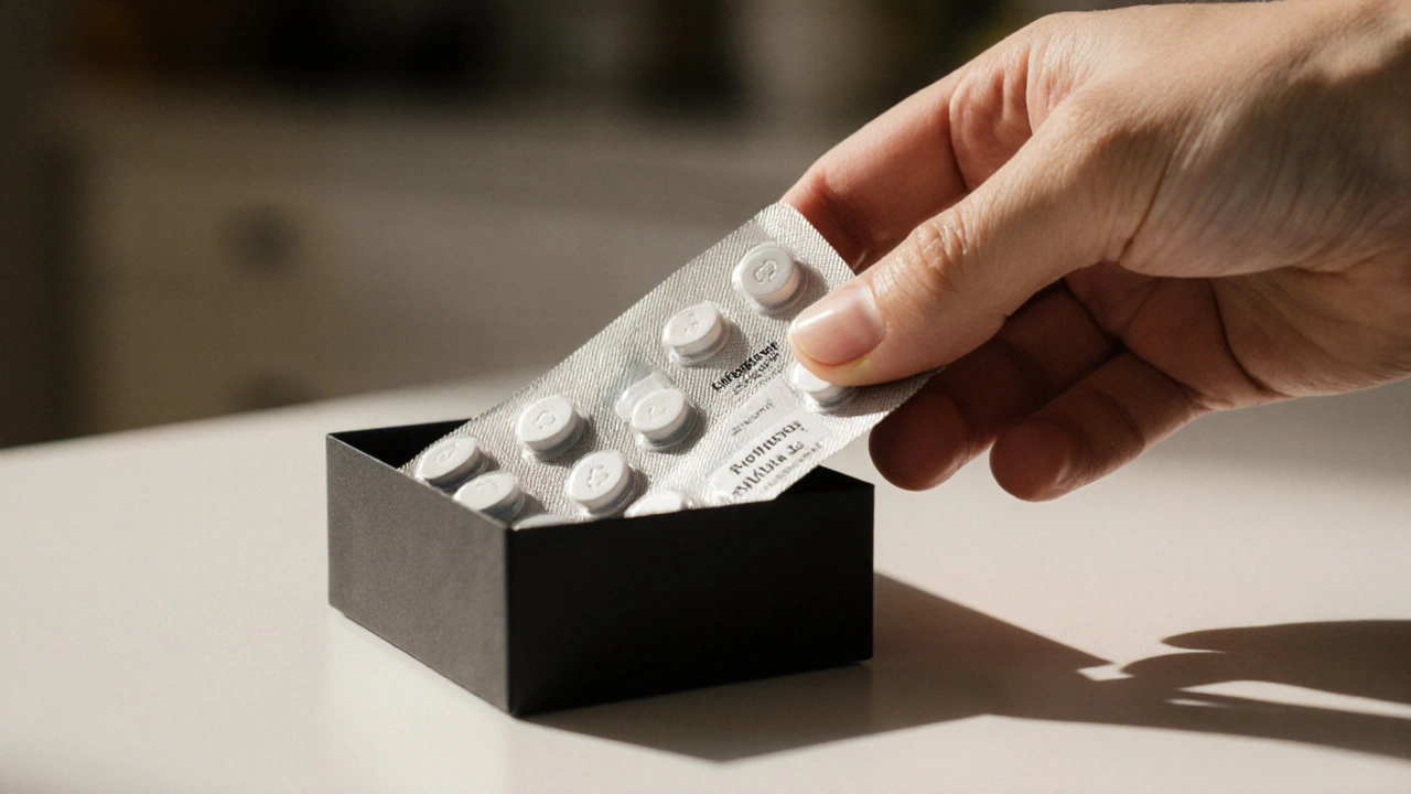 Hand opening a package revealing authentic white levofloxacin tablets.