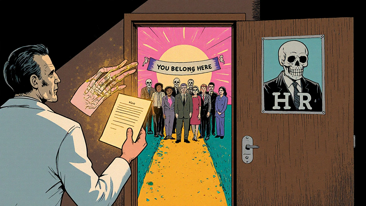 Hand receiving glowing doctor's note from skeletal doctor, leading to door marked 'HR' with diverse group standing together under 'You Belong Here' banner.
