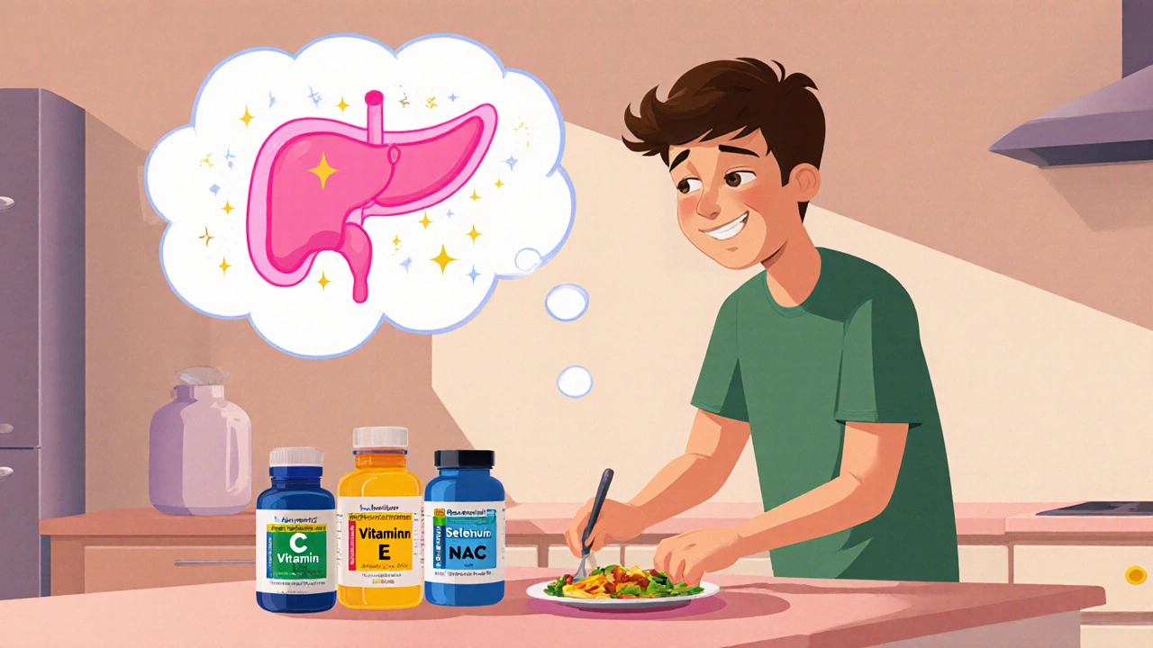 Happy kitchen scene with supplements and a healthy pancreas depicted in a thought bubble.