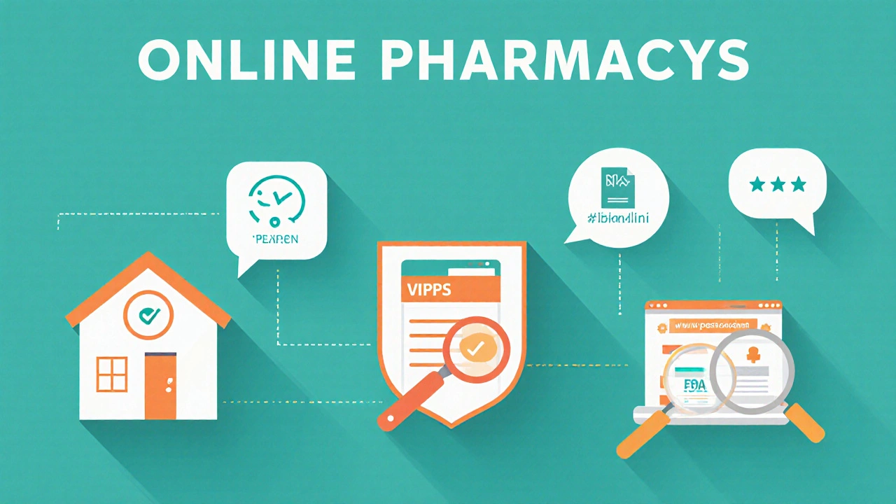 Illustrated checklist icons for verifying an online pharmacy’s legitimacy.