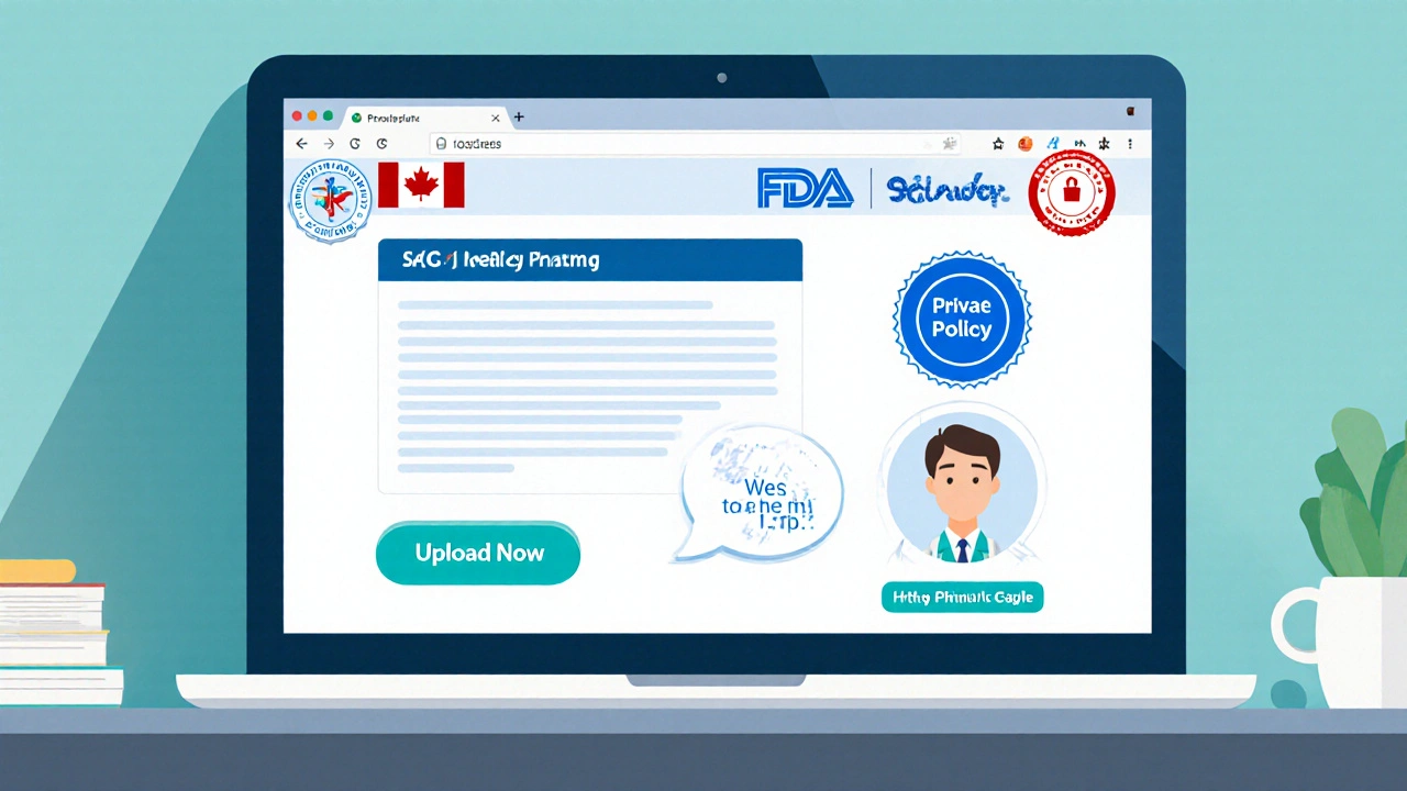 Laptop screen displaying a secure pharmacy website with Health Canada and FDA badges and a prescription upload form.