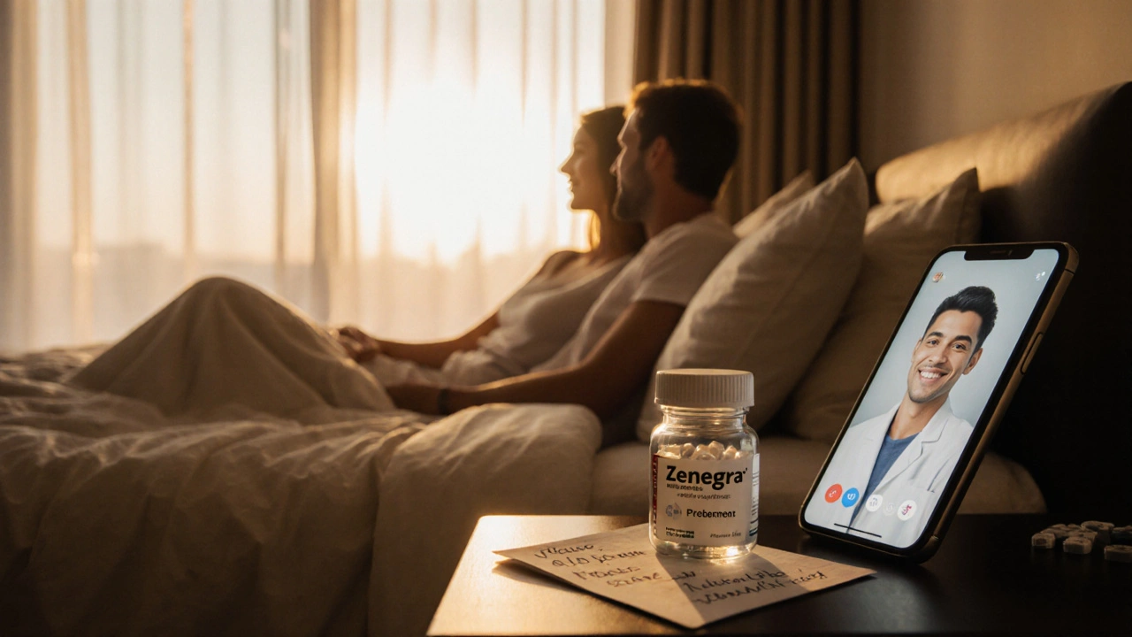 Morning bedroom scene with Zenegra bottle, telehealth call, and relaxed couple.