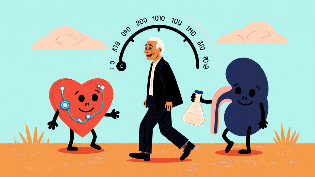 Older man walking past a smiling heart and kidney with sugar‑skull designs representing Ramipril benefits.
