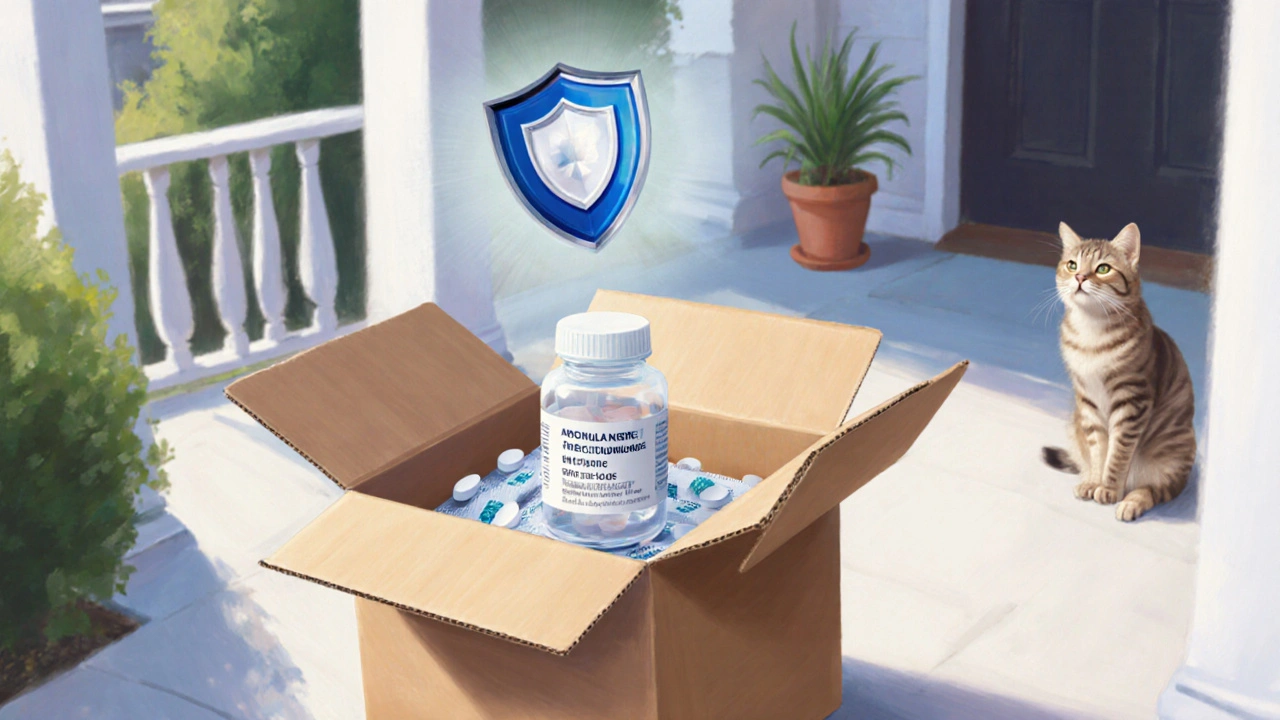 Opened delivery box on a doorstep showing medication bottle with a safety shield.