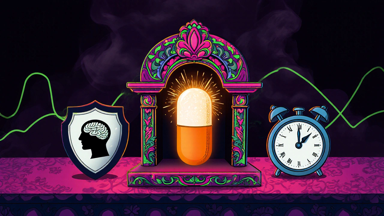 Ornate pill with brain, shield, and clock icons showing steady dopamine flow.
