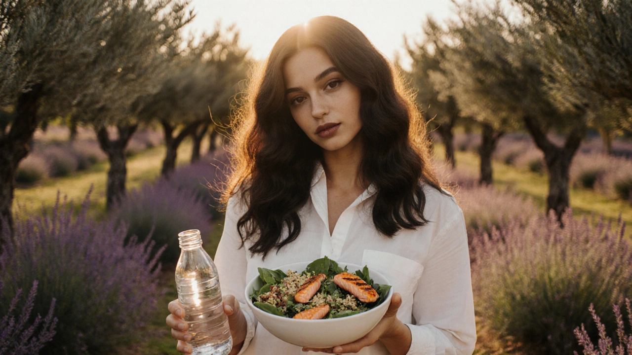 Outdoor portrait of a person with healthy hair holding a salmon salad and water bottle.