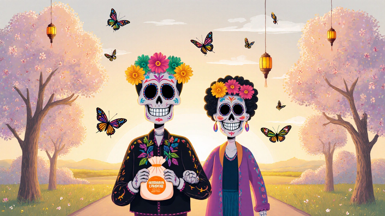 Park walk with joyful sugar‑skull patient and caregiver, orange‑glow hinting urine.
