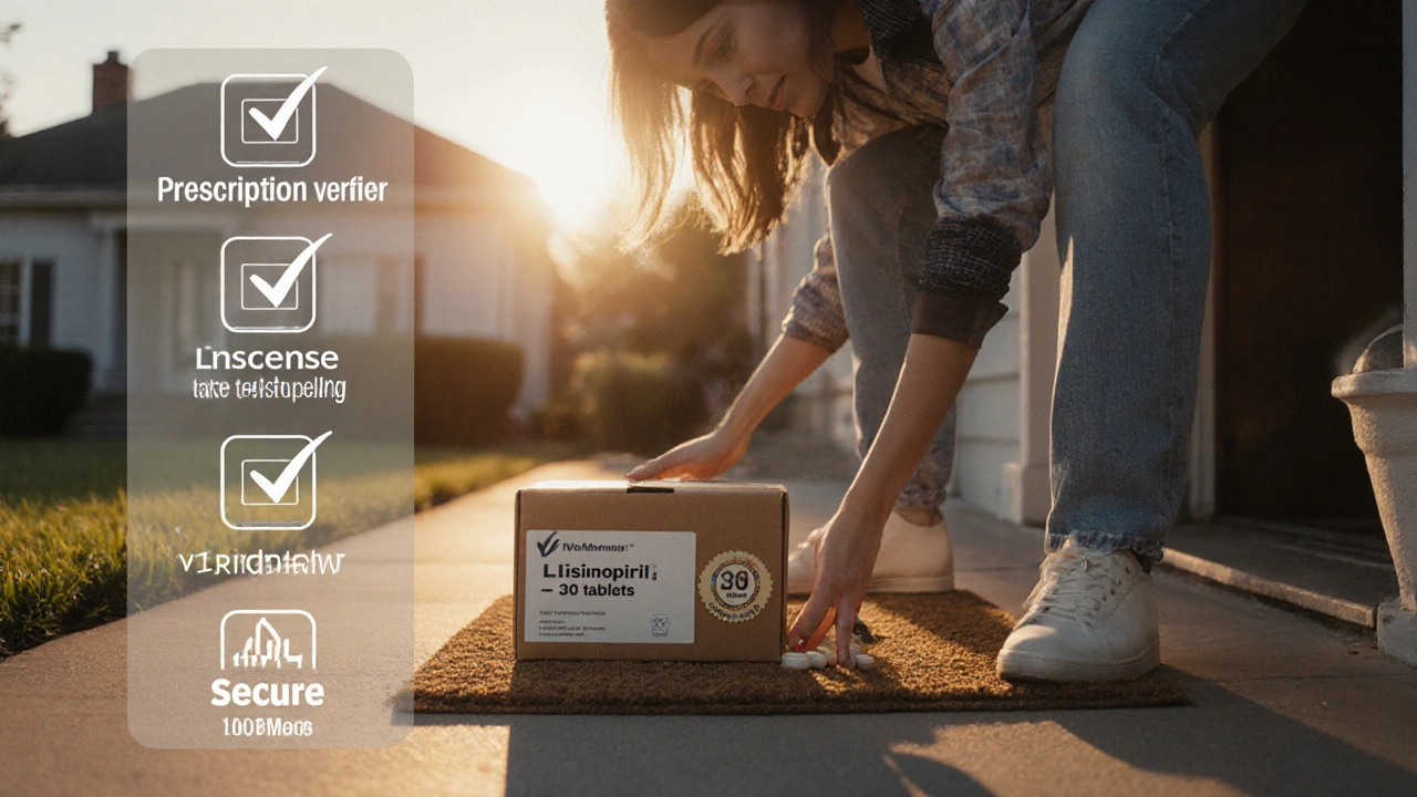 Person receiving a verified lisinopril package on a sunrise-lit porch, feeling relieved.