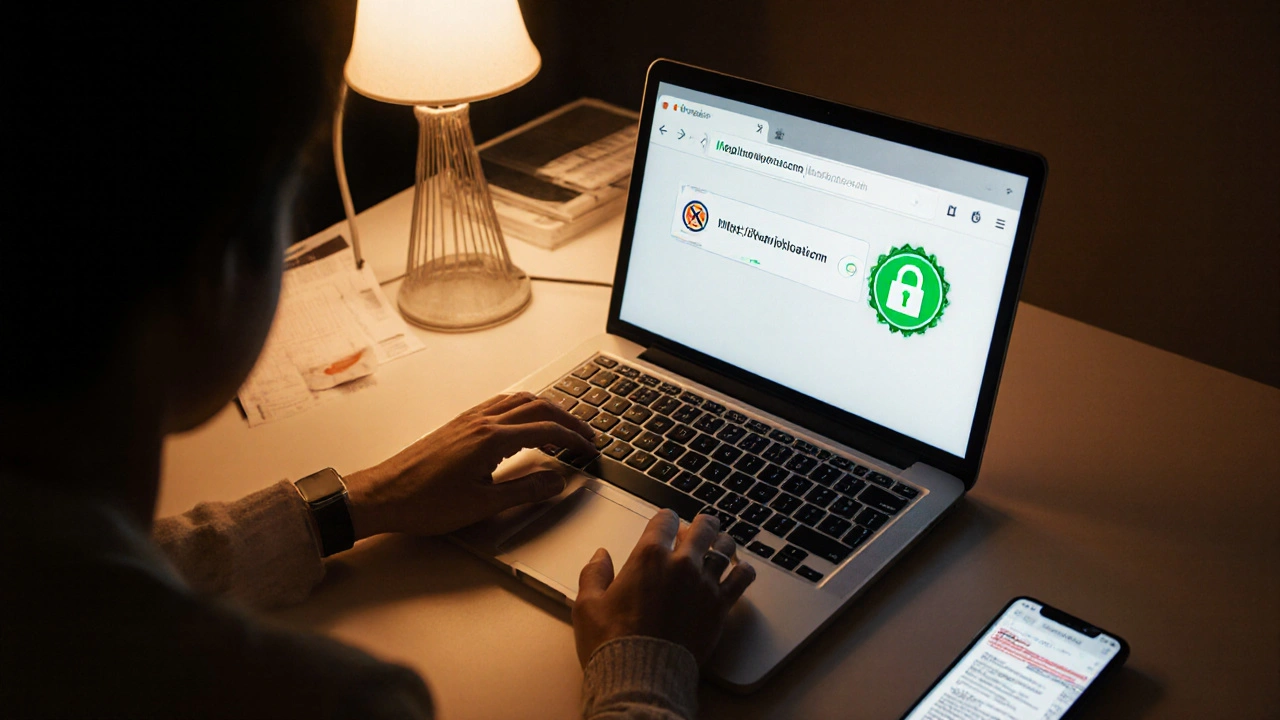 Person using a laptop with a padlock icon and verification seal while uploading a prescription.