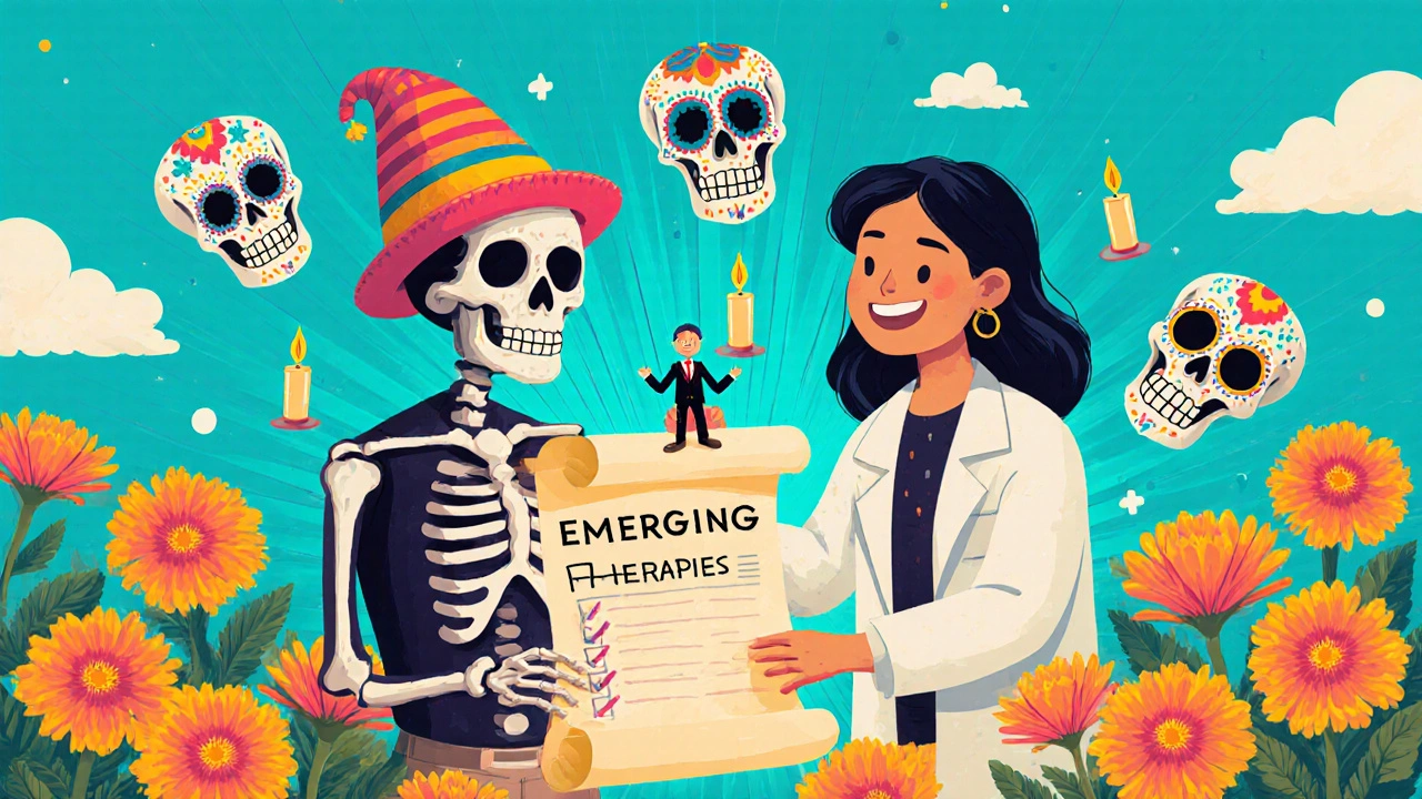 Skeleton doctor gives a scroll of emerging therapies to a patient with a checklist and marigolds.