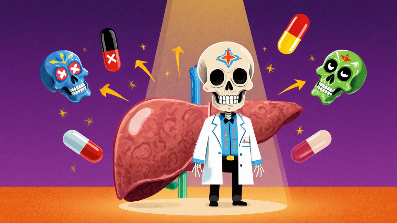 Skeleton liver enzyme CYP3A4 with drug icons showing inhibition and induction interactions.