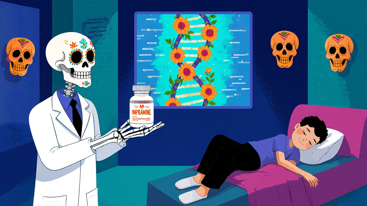 Skeleton pharmacist gives imipramine pills to a patient, with DNA helix art in the background.
