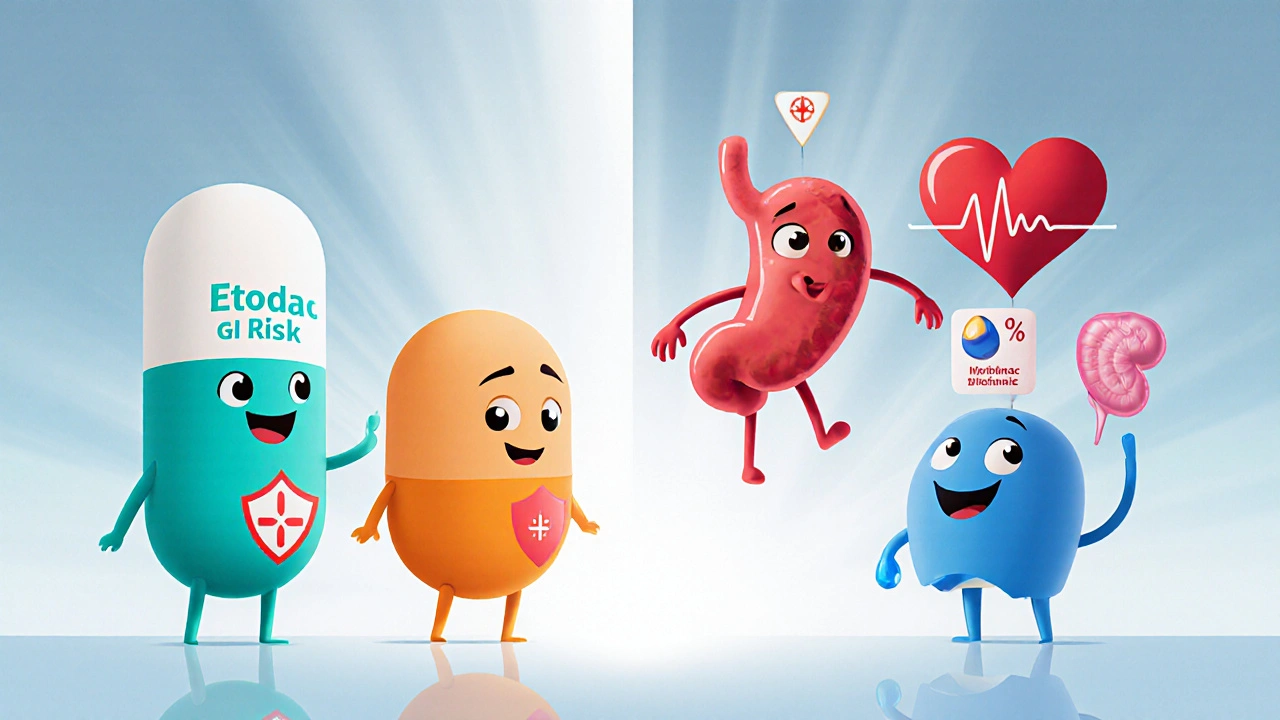 Split‑screen cartoon comparing Etodolac's safety with other NSAIDs using organ characters.