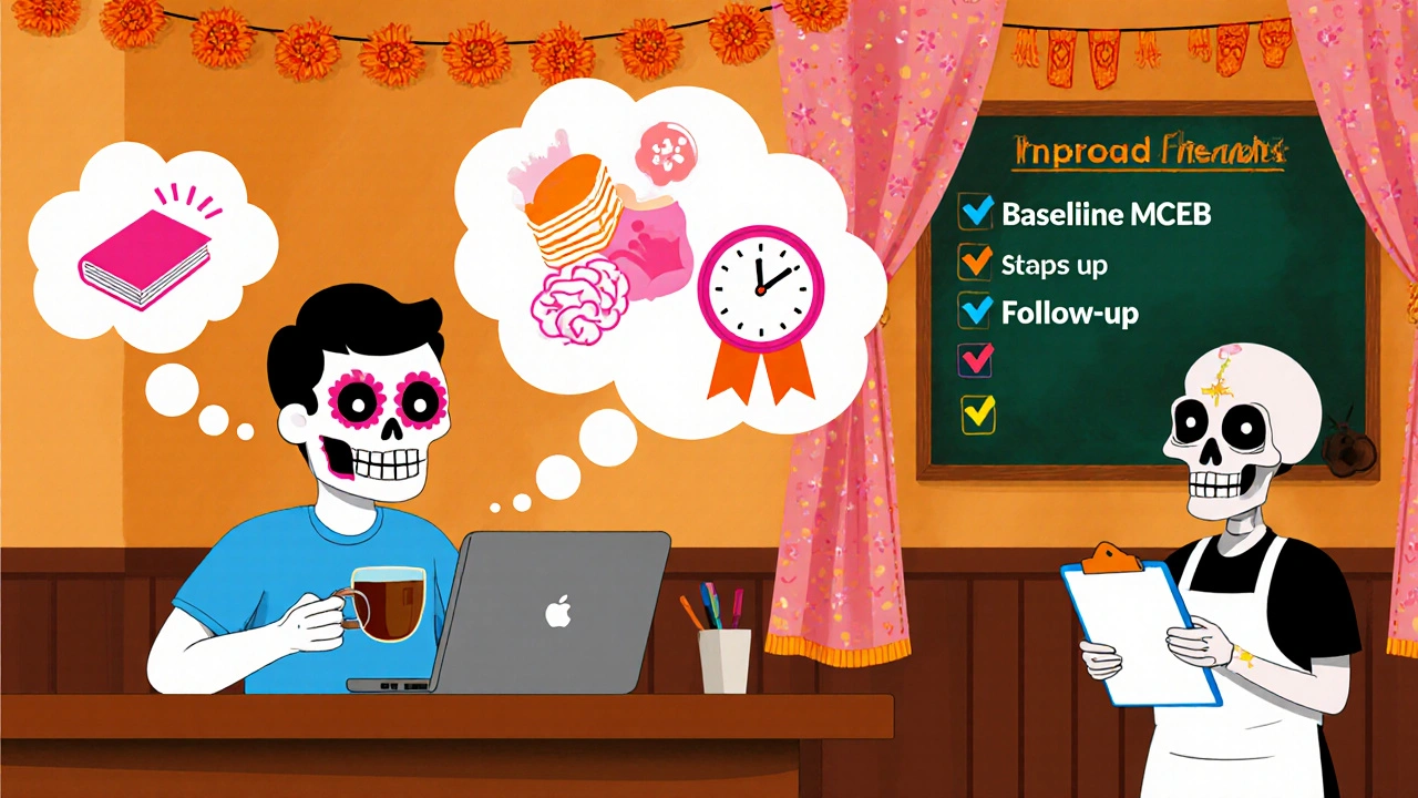 Sugar‑skull patient at a cafe using a brain‑training game, surrounded by improvement icons.