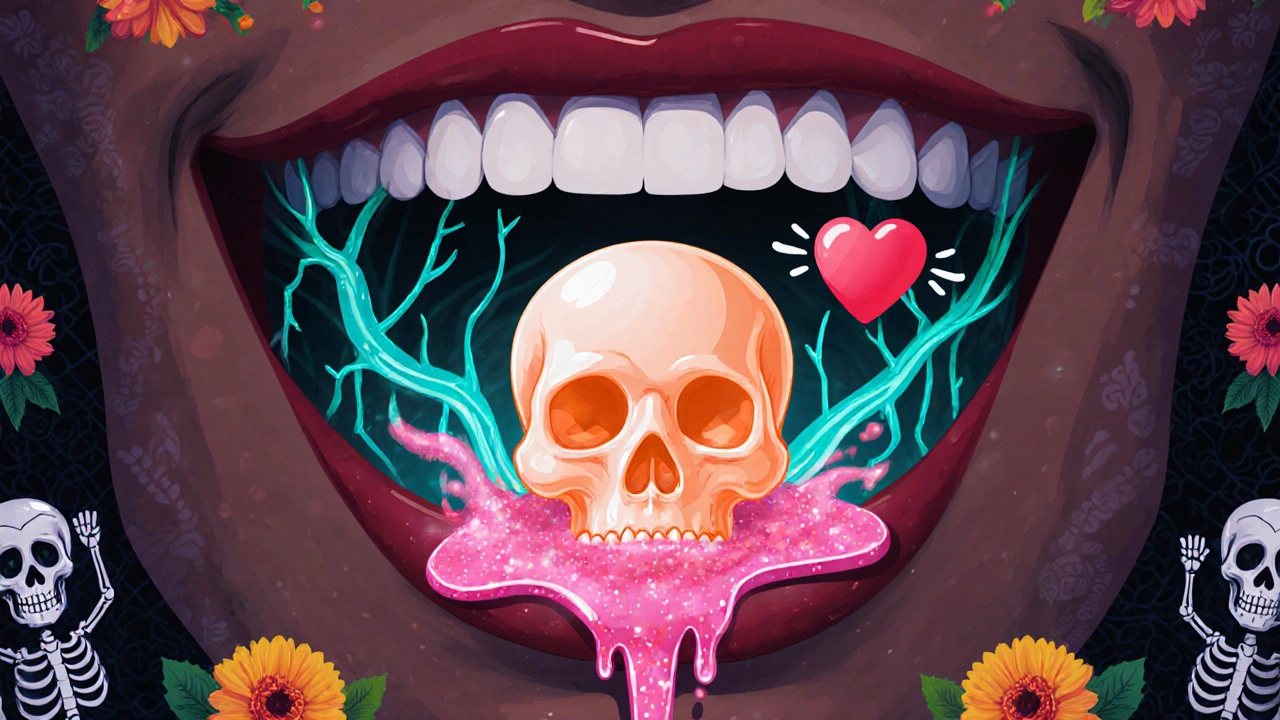Sugar skull softgel dissolving in mouth, showing fast blood flow.