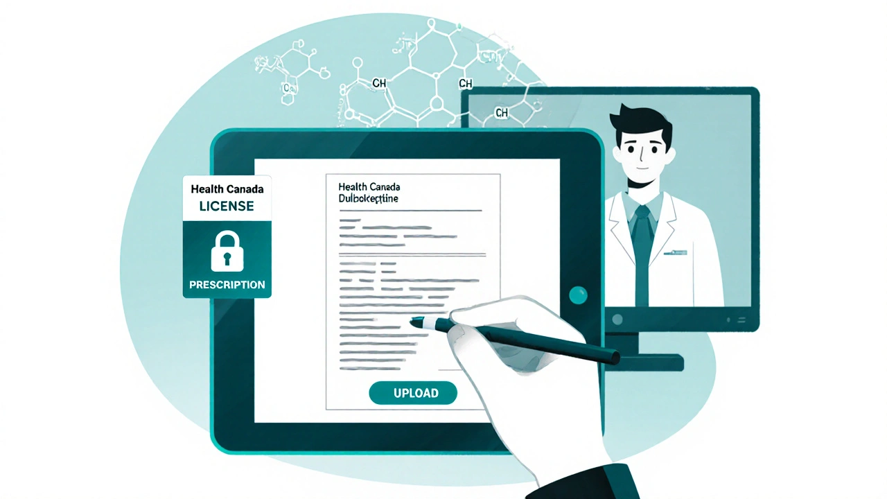 Tablet showing secure lock and licence badge while a prescription is uploaded.