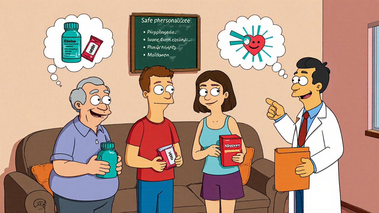 Three patients with different NSAID bottles consulting a friendly pharmacist at home.