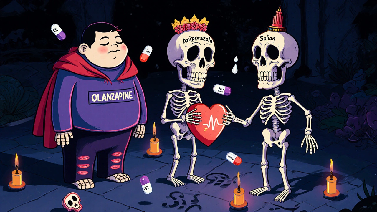 Three stylized skeletons representing antipsychotics, each with symbolic traits, standing among floating pills in a dark vibrant scene.