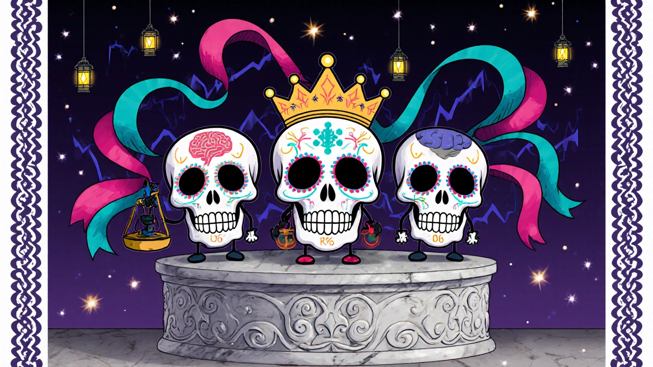 Three sugar‑skull characters comparing lurasidone, aripiprazole, and risperidone with visual cognitive charts.