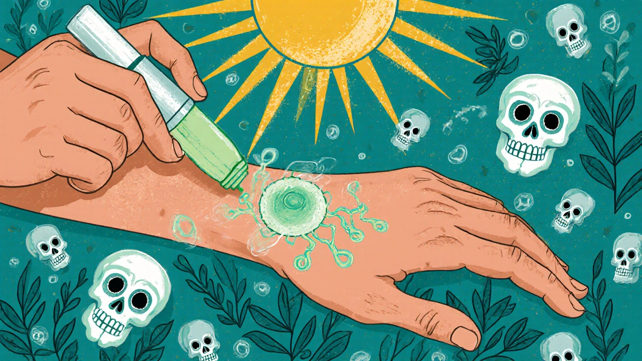 A dermatologist applies glowing cream to an arm, with sugar skulls rising from the skin in vibrant alebrije-inspired illustration.
