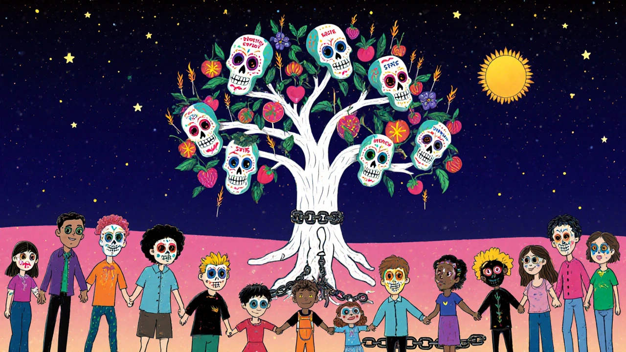 A diverse group holding hands around a sugar skull tree with fruit labeled as treatments, under a starry sky, symbolizing community and recovery.