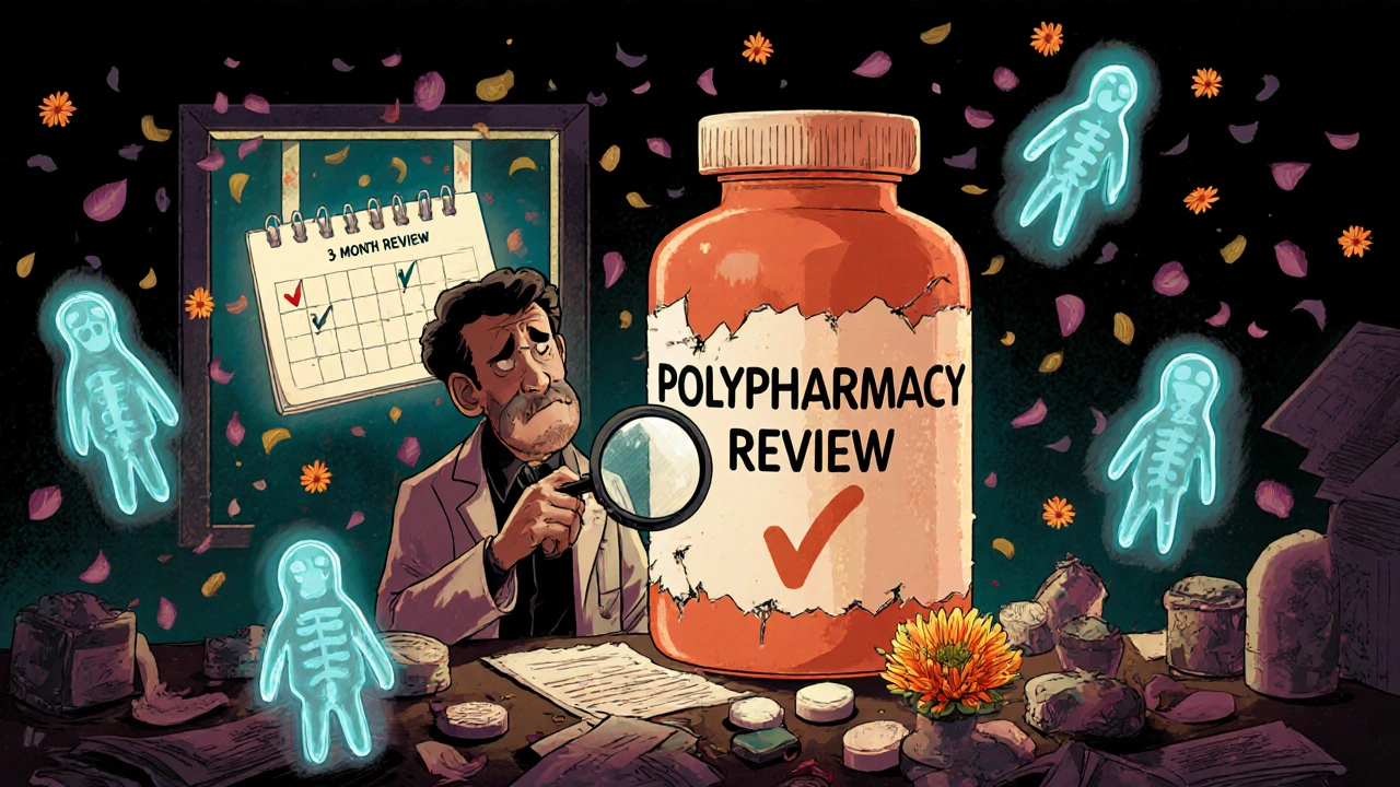 A doctor examining a crumbling pill bottle with ghostly medications fading away as marigold petals drift in.