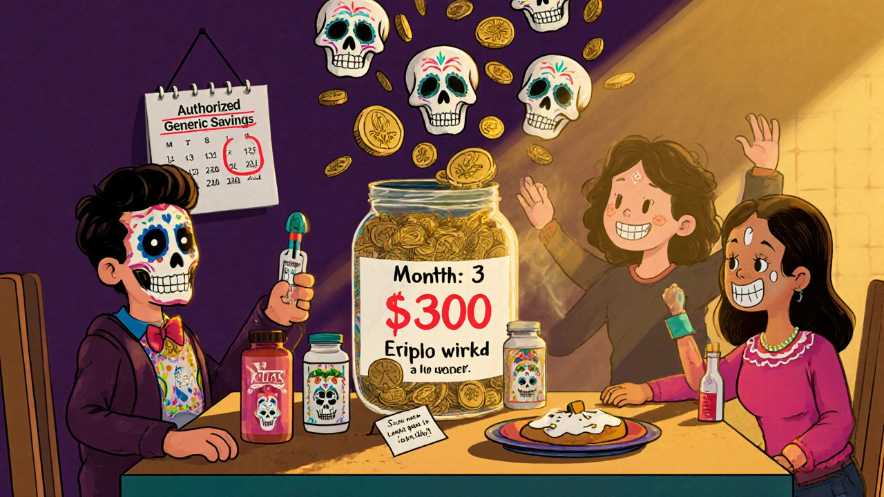 A family celebrating savings from generic drugs, with skull-shaped coins falling from a jar and medication bottles on the table.
