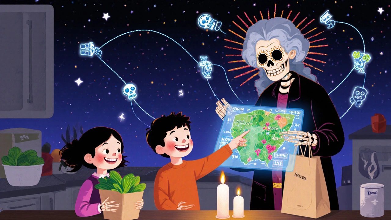 A family checks a lot number on grocery bag as a skeleton grandmother watches over them with a glowing traceability map in warm candlelight.