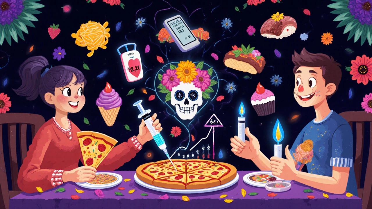 A family dinner with insulin wand adjusting carb ratios, floating food carbs, and a pulsing glucose monitor in Day of the Dead style.