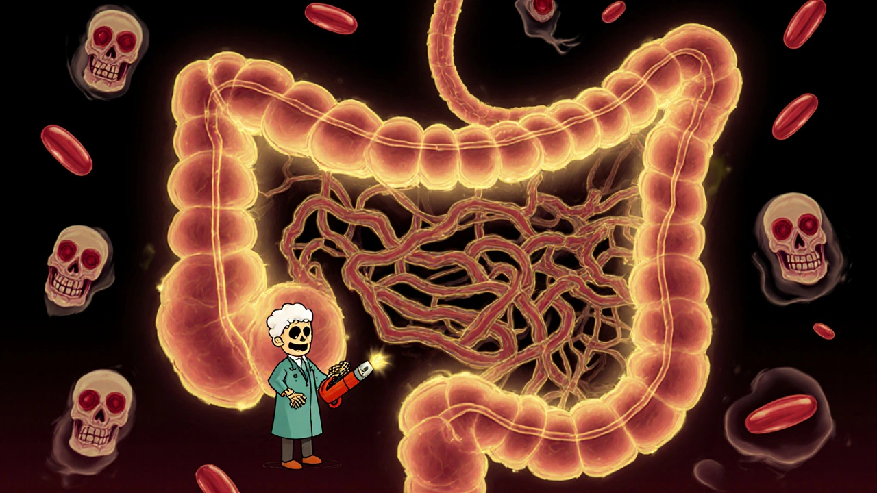 A glowing colon with angiodysplasia vessels like candlewicks, sealed by a skeletal doctor using a tiny heat tool.