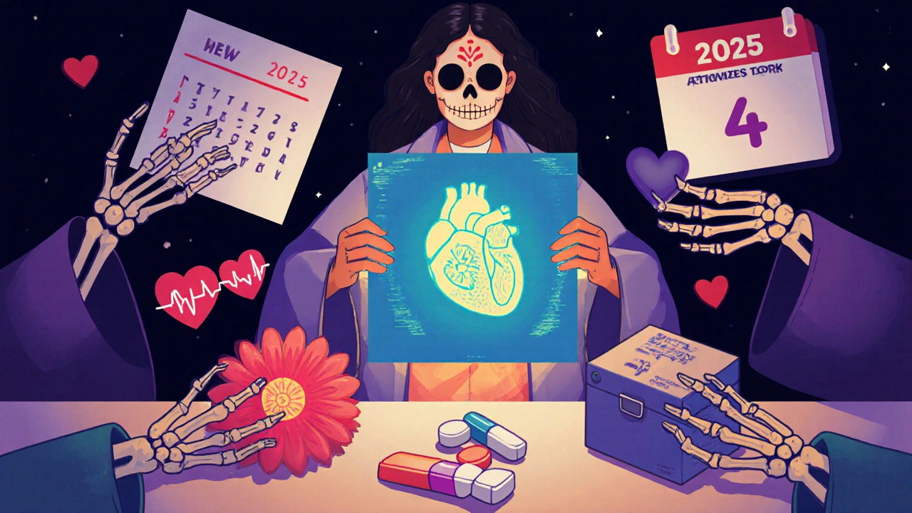 A healer holds a glowing echocardiogram of a healthy heart, while skeletal hands choose between safe and dangerous blood pressure pills.