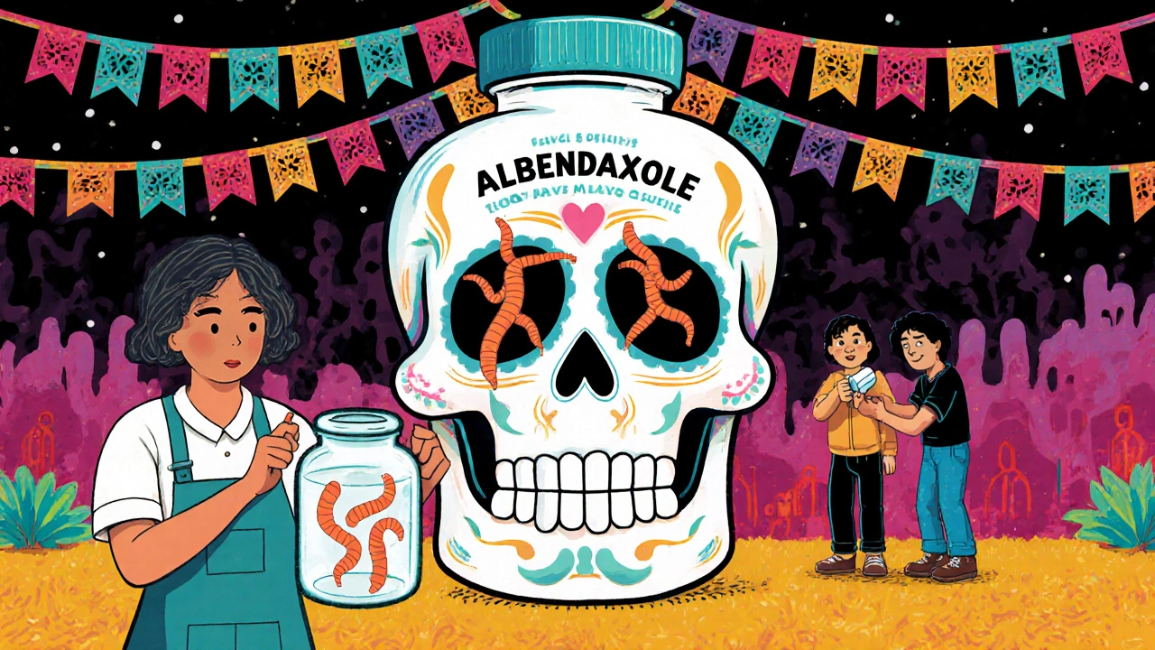 A health worker holds a glowing stool sample as villagers receive pills from a skull-shaped bottle.